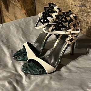 Never worn! Snakeskin leather strappy heels